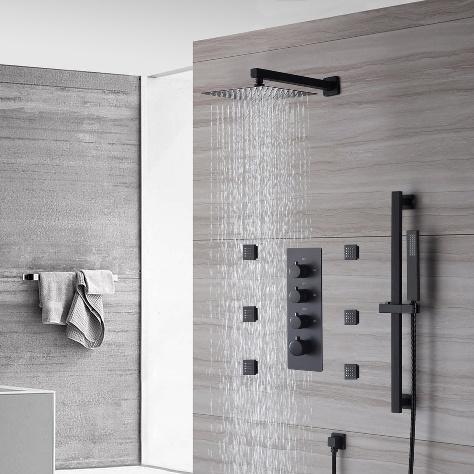 12 inch or 16 inch wall mounted shower head matte black 3 way thermostatic shower faucet with body jets and sliding bar