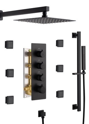 12 inch or 16 inch wall mounted shower head matte black 3 way thermostatic shower faucet with body jets and sliding bar