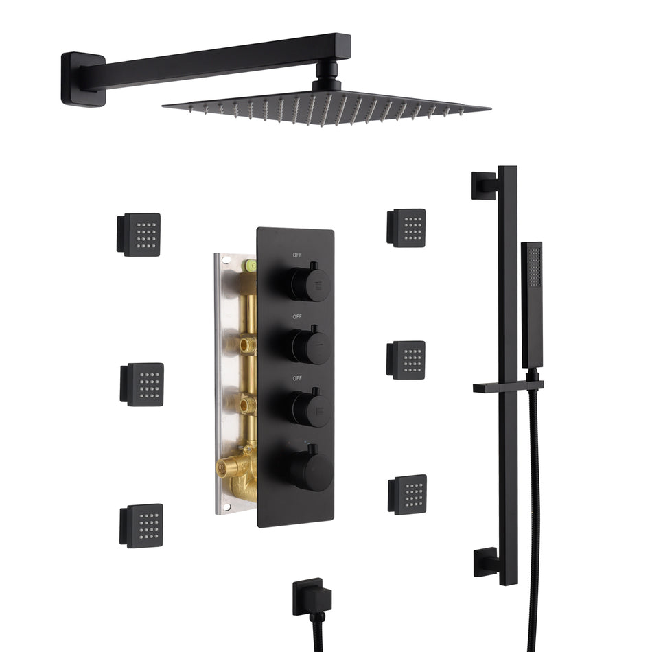12 inch or 16 inch wall mounted shower head matte black 3 way thermostatic shower faucet with body jets and sliding bar