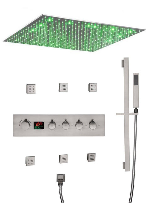 20'' ceiling mounted LED Brushed Nickel 4 way Digital thermostatic valve that each function run at the same time and separately