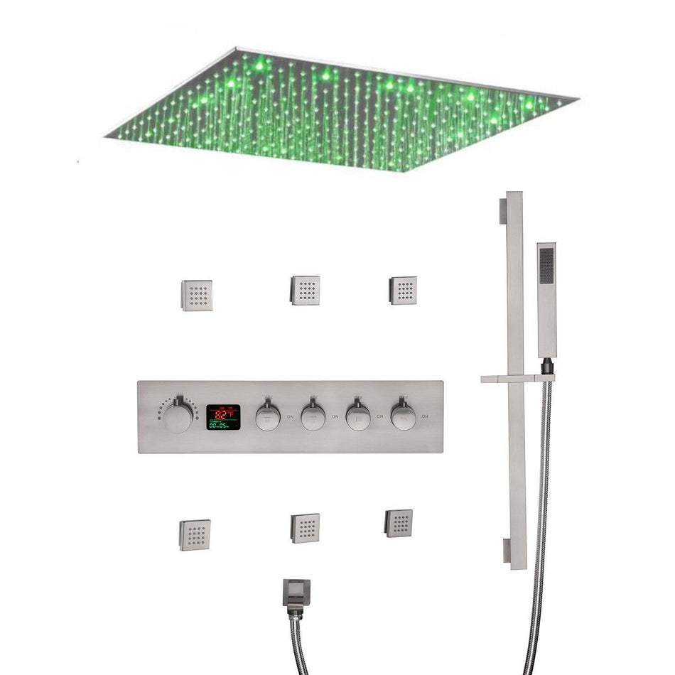 20'' ceiling mounted LED Brushed Nickel 4 way Digital thermostatic valve that each function run at the same time and separately