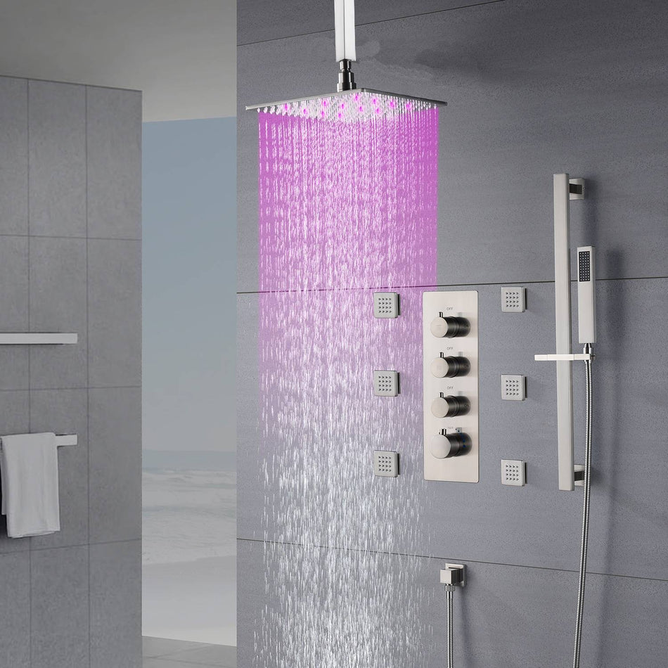 Brushed nickel 12 inch LED Ceiling mount Rain Shower system with 6 body jets and 3 way Thermostatic valve that each function work all together and separately