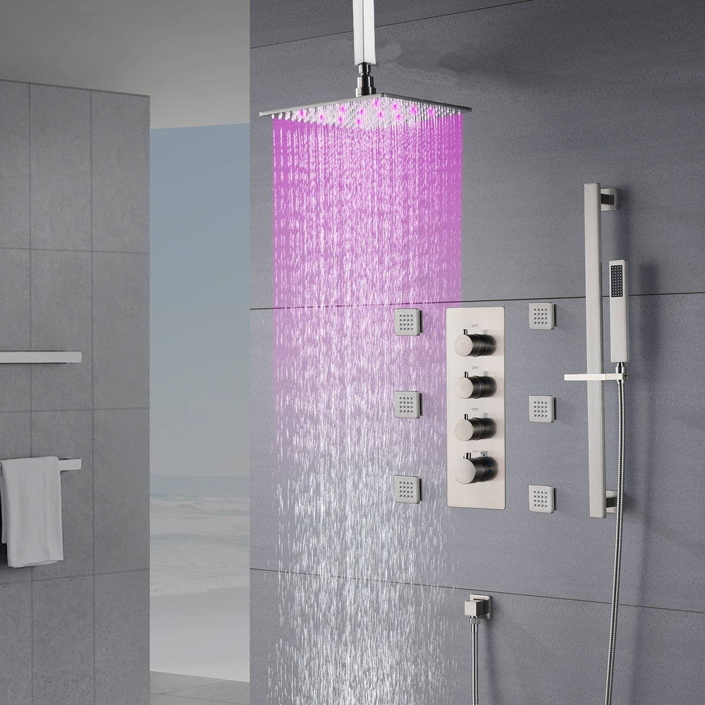 
                  
                    Brushed nickel 12 inch LED Ceiling mount Rain Shower system with 6 body jets and 3 way Thermostatic valve that each function work all together and separately
                  
                