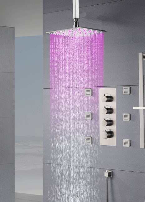 Brushed nickel 16 inch LED Ceiling mount Rain Shower system with 6 body jets and 3 way Thermostatic valve that each function work all together and separately