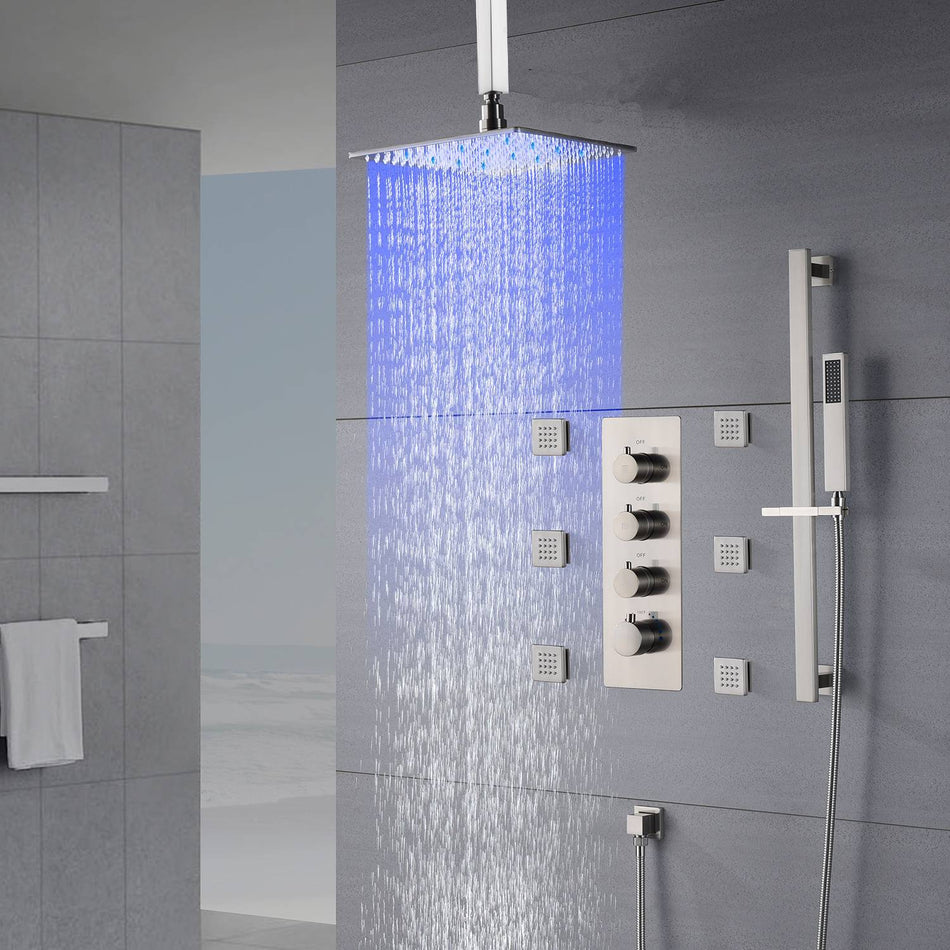 Brushed nickel 12 inch LED Ceiling mount Rain Shower system with 6 body jets and 3 way Thermostatic valve that each function work all together and separately