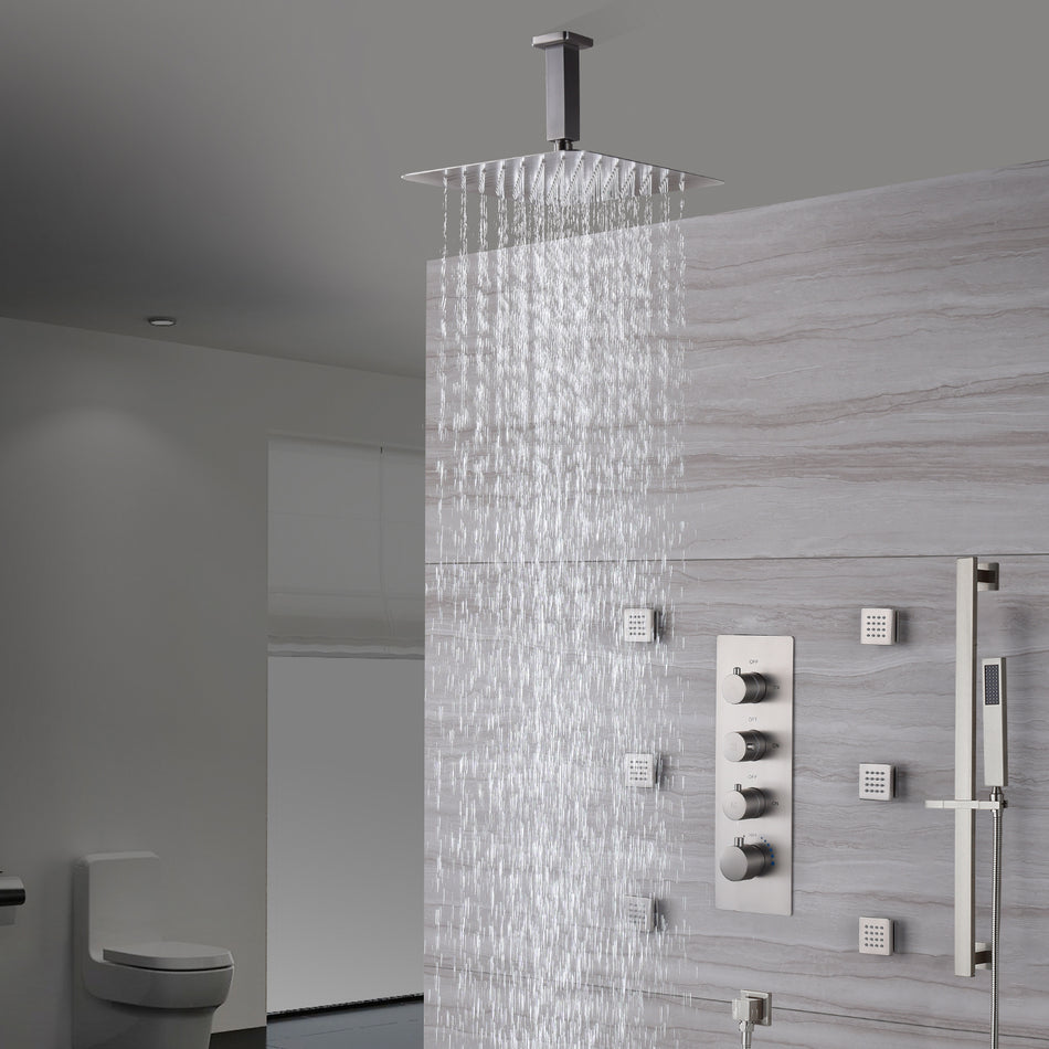 Brushed nickel 12 inch or 16 inch Ceiling mount Rain Shower system with 6 body jets and 3 way Thermostatic valve that each function work all together and separately