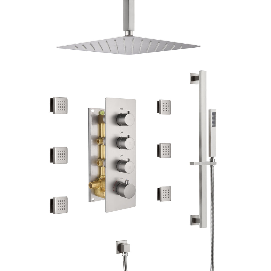 Brushed nickel 12 inch or 16 inch Ceiling mount Rain Shower system with 6 body jets and 3 way Thermostatic valve that each function work all together and separately