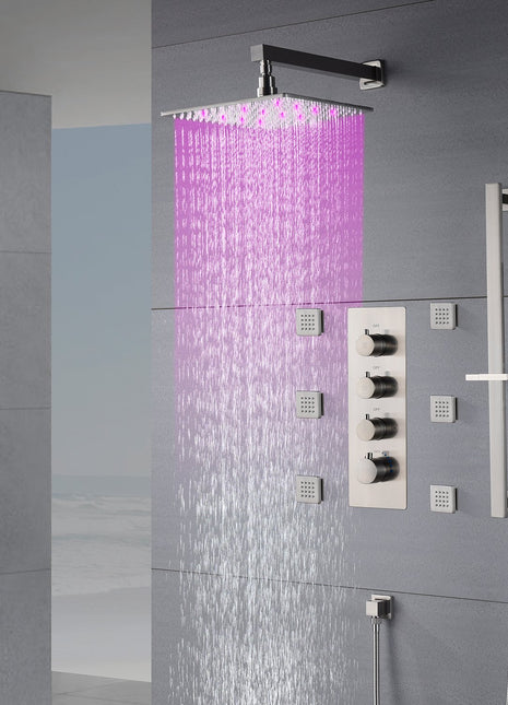 Brushed nickel 12 inch or 16 inch LED wall mount Rain Shower system with 6 body jets and 3 way Thermostatic valve that each function work all together and separately