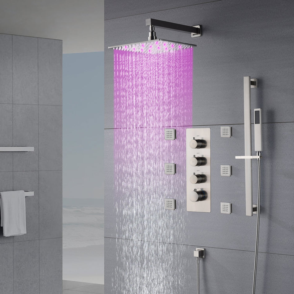 Brushed nickel 12 inch or 16 inch LED wall mount Rain Shower system with 6 body jets and 3 way Thermostatic valve that each function work all together and separately