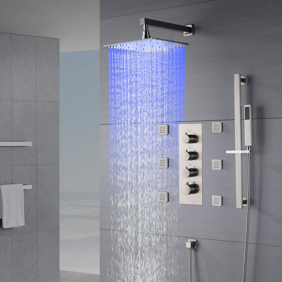 Brushed nickel 12 inch or 16 inch LED wall mount Rain Shower system with 6 body jets and 3 way Thermostatic valve that each function work all together and separately