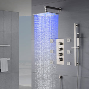 
                  
                    Brushed nickel 12 inch or 16 inch LED wall mount Rain Shower system with 6 body jets and 3 way Thermostatic valve that each function work all together and separately
                  
                