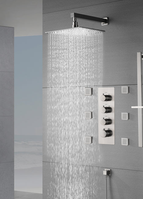 Brushed nickel 12 inch or 16 inch wall mount Rain Shower system with 6 body jets and 3 way Thermostatic valve that each function work all together and separately