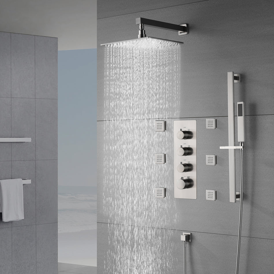 Brushed nickel 12 inch or 16 inch wall mount Rain Shower system with 6 body jets and 3 way Thermostatic valve that each function work all together and separately