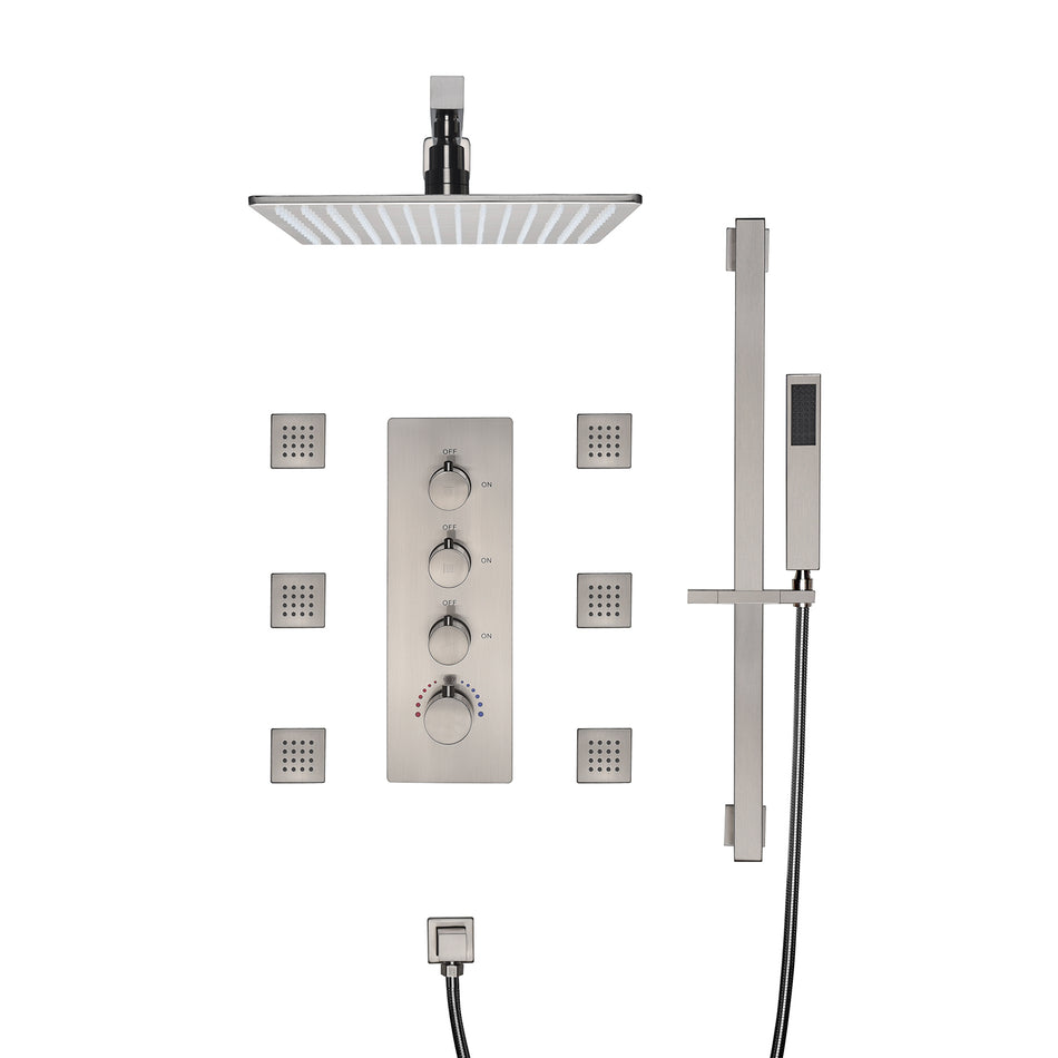 Brushed nickel 12 inch or 16 inch wall mount Rain Shower system with 6 body jets and 3 way Thermostatic valve that each function work all together and separately