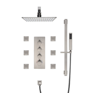 
                  
                    Brushed nickel 12 inch or 16 inch wall mount Rain Shower system with 6 body jets and 3 way Thermostatic valve that each function work all together and separately
                  
                