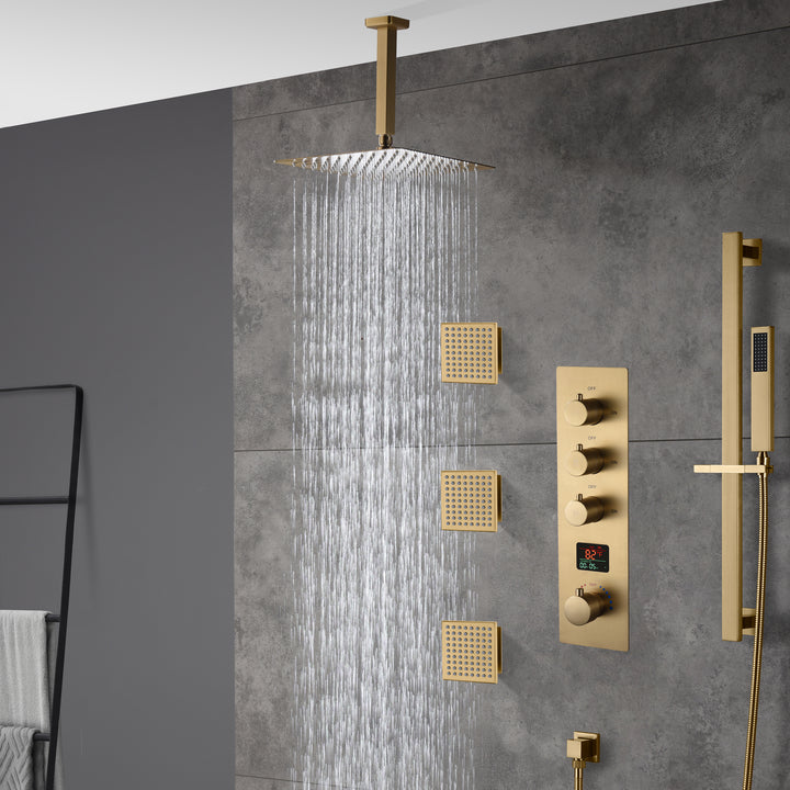 Brushed gold ceiling mount 12 inch or 16 inch rain head 3 way digital display thermostatic shower faucet with large body sprayers