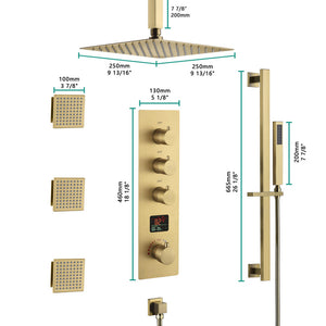 
                  
                    Brushed gold ceiling mount 12 inch or 16 inch rain head 3 way digital display thermostatic shower faucet with large body sprayers
                  
                