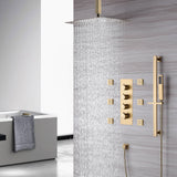 Brushed Gold Ceiling Mount 12 inch or 16 Inch Rainfall Shower Head 3 Way Thermostatic Shower Faucet with Sliding Bar and Body Jets each Function Work All Together and Separately