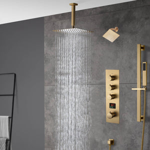 
                  
                    Brushed Gold rainfall shower head high pressure shower head 3 way digital display thermostatic valve shower heads systems each function work at the same time and separately
                  
                