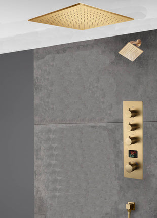 20 inch ceiling mount Brushed gold 3 way digital display thermostatic shower faucet with high pressure 6 '' head and handle sprayer