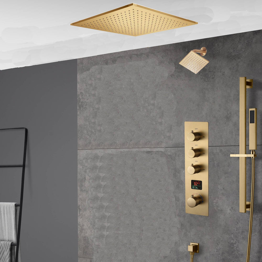 20 inch ceiling mount Brushed gold 3 way digital display thermostatic shower faucet with high pressure 6 '' head and handle sprayer