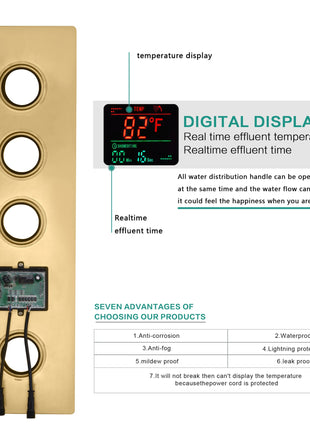 22inch Brushed gold 3 way Digital display Thermostatic Shower valve system that each function run all together and separately