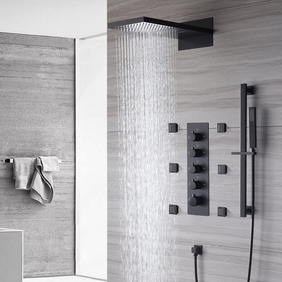 Matte Black 22 Inch Rainfall Waterfall Shower Head 4 Way Thermostatic Shower Faucet Set with Slide Bar and Body Jets Each Function Work All Together and Separately