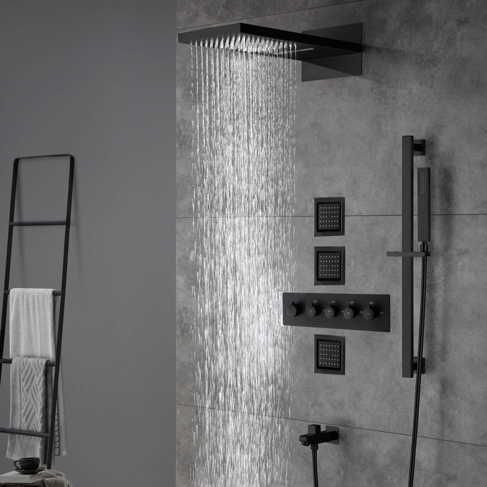 Matte Black 22 Inch Rainfall Waterfall Shower Head 4 Way Thermostatic Shower Faucet Set with Flushed Body Jets