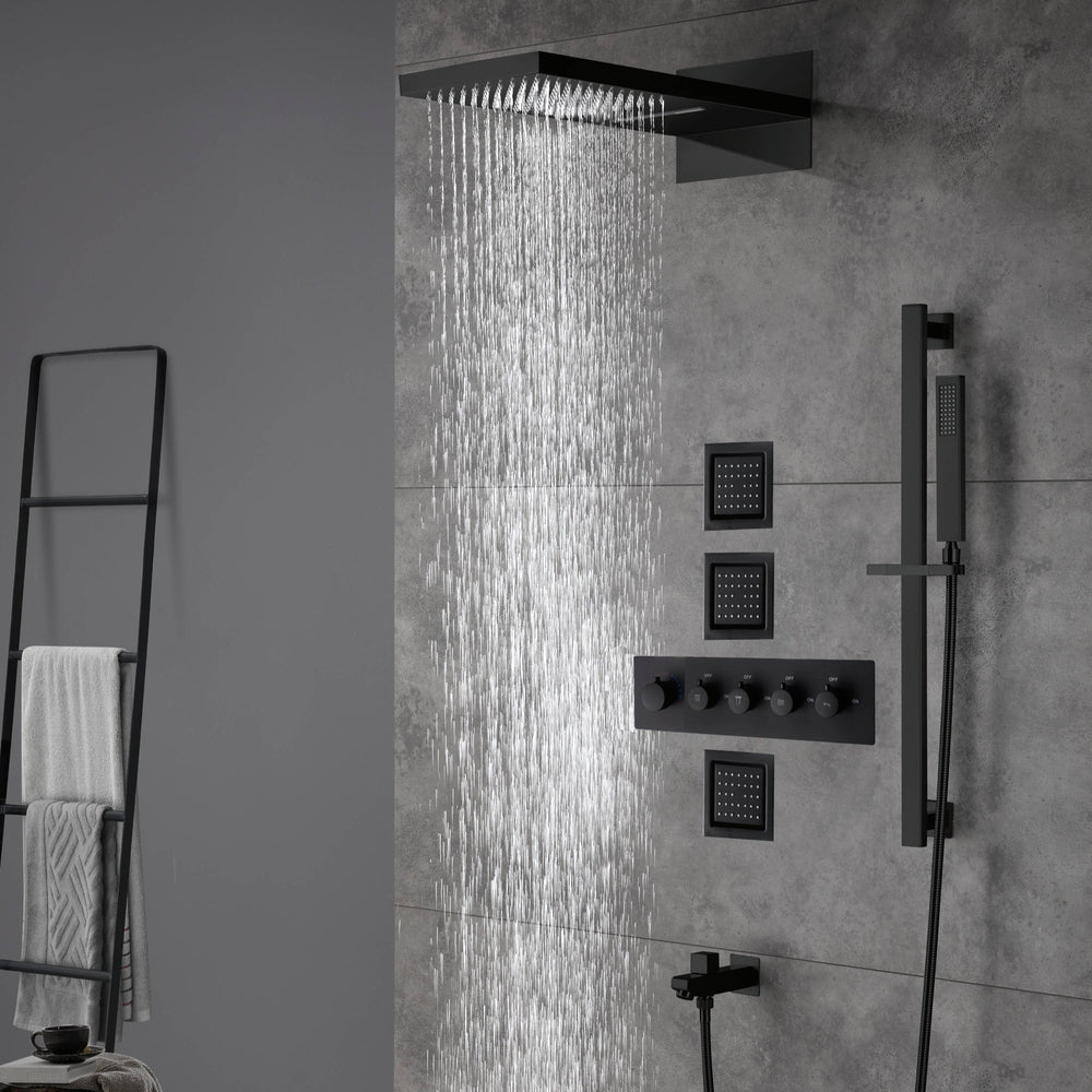 
                  
                    Matte Black 22 Inch Rainfall Waterfall Shower Head 4 Way Thermostatic Shower Faucet Set with Flushed Body Jets
                  
                