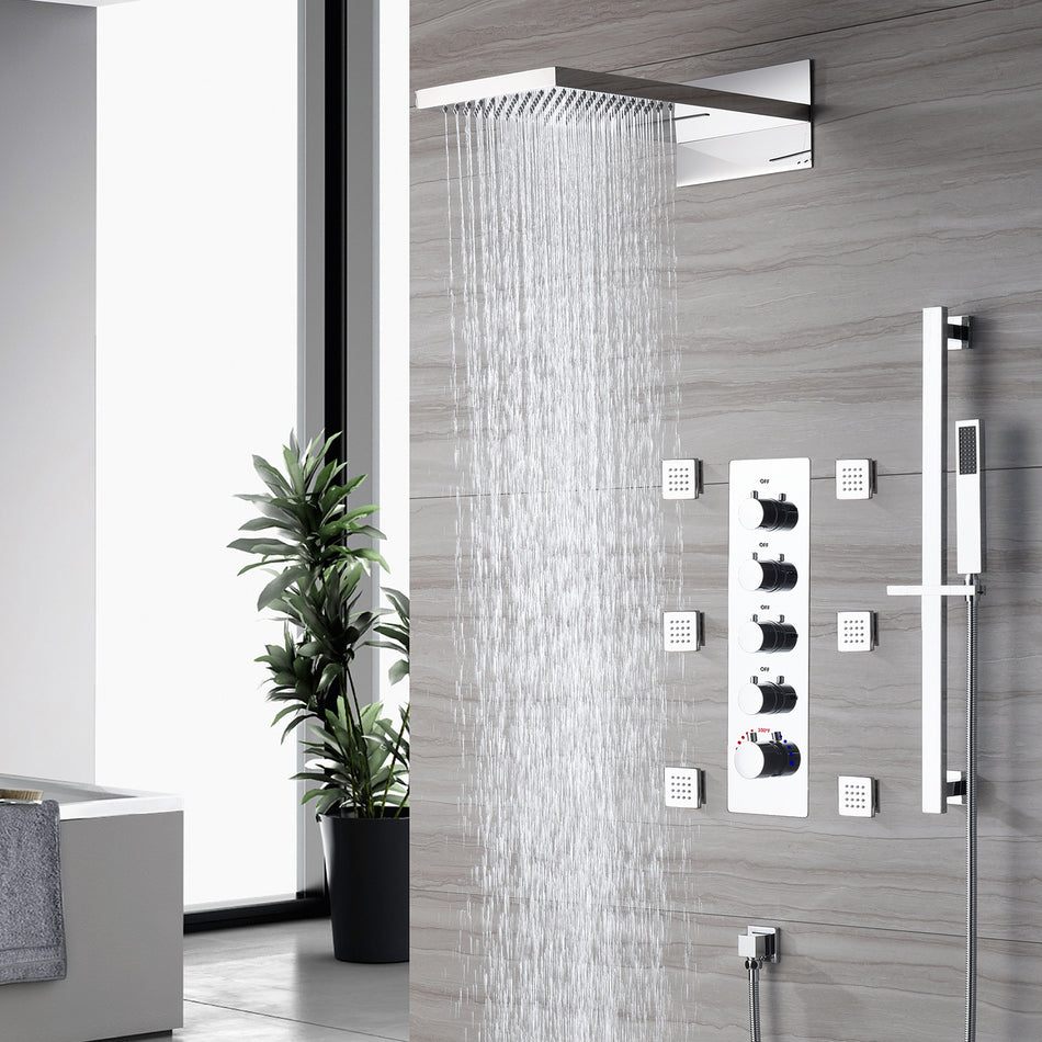 22'' chrome 4 Way Thermostatic Shower Faucet Waterfall & Rain Massage Body Jet Spray and sliding bar