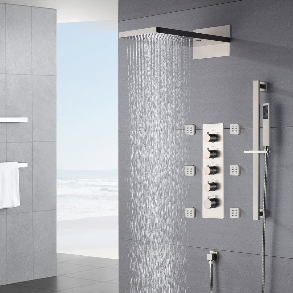 22-Inch Brushed Nickel 4-Way Thermostatic Shower Faucet with Waterfall, Rain, Body Jet Spray, and Sliding Bar