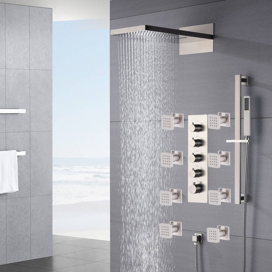 22inch rainfall and waterfall Brushed Nickel 4 Way Thermostatic Shower Faucet with 8 on/off function Body Jets