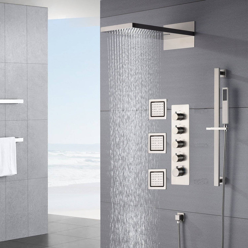 22inch rainfall and waterfall Brushed Nickel 4 Way Thermostatic Shower Faucet with 4inch Body Jet