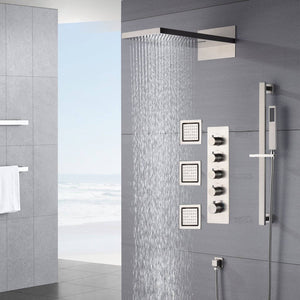 
                  
                    22inch rainfall and waterfall Brushed Nickel 4 Way Thermostatic Shower Faucet with 4inch Body Jet
                  
                