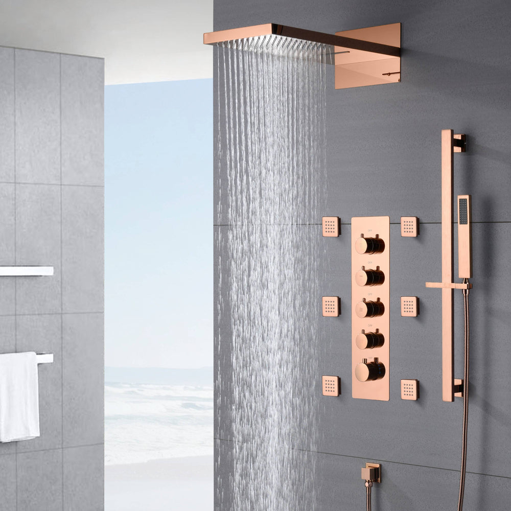 
                  
                    Rose Gold 22 Inch Rainfall Waterfall Shower Head 4 Way Thermostatic Shower Faucet Set with Slide Bar and Body Jets Each Function Work All Together and Separately
                  
                