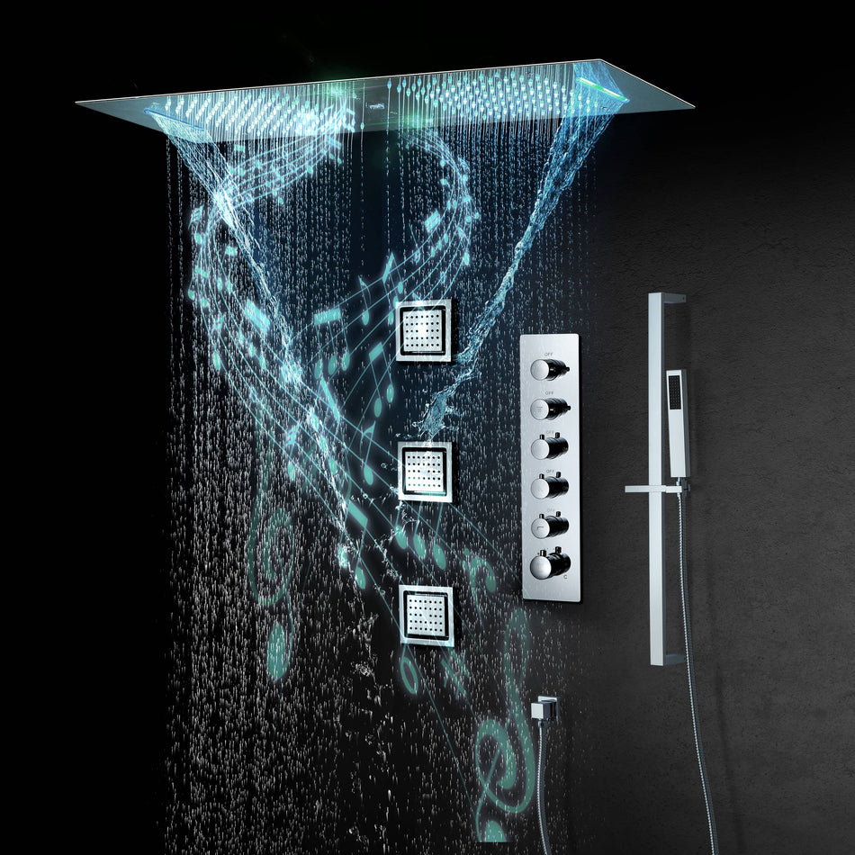 Chrome 36 Inch  Flushed Ceiling Mount Rainfall Waterfall Water Column 64 LED Light Bluetooth Music Shower Head 5 Way Thermostatic Shower Faucet Set with Body Jets and Touch Panel
