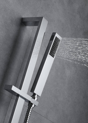 Chrome 36 Inch  Flushed Ceiling Mount Rainfall Waterfall Water Column 64 LED Light Bluetooth Music Shower Head 6 Way Thermostatic Shower Faucet Set with regular head, Body Jets and Touch Panel