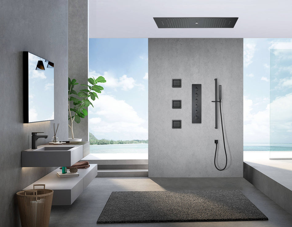 Matte Black 36 Inch  Flushed Ceiling Mount Rainfall Waterfall Water Column 64 LED Light Bluetooth Music Shower Head 5 Way Thermostatic Shower Faucet Set with Body Jets and Touch Panel