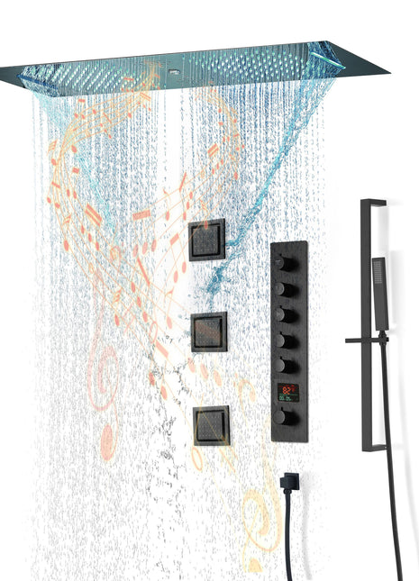 Matte Black 36 Inch  Flushed Ceiling Mount Rainfall Waterfall Water Column 64 LED Light Bluetooth Music Shower Head 5 Way Digital display Thermostatic Shower Faucet Set with Body Jets and Touch Panel