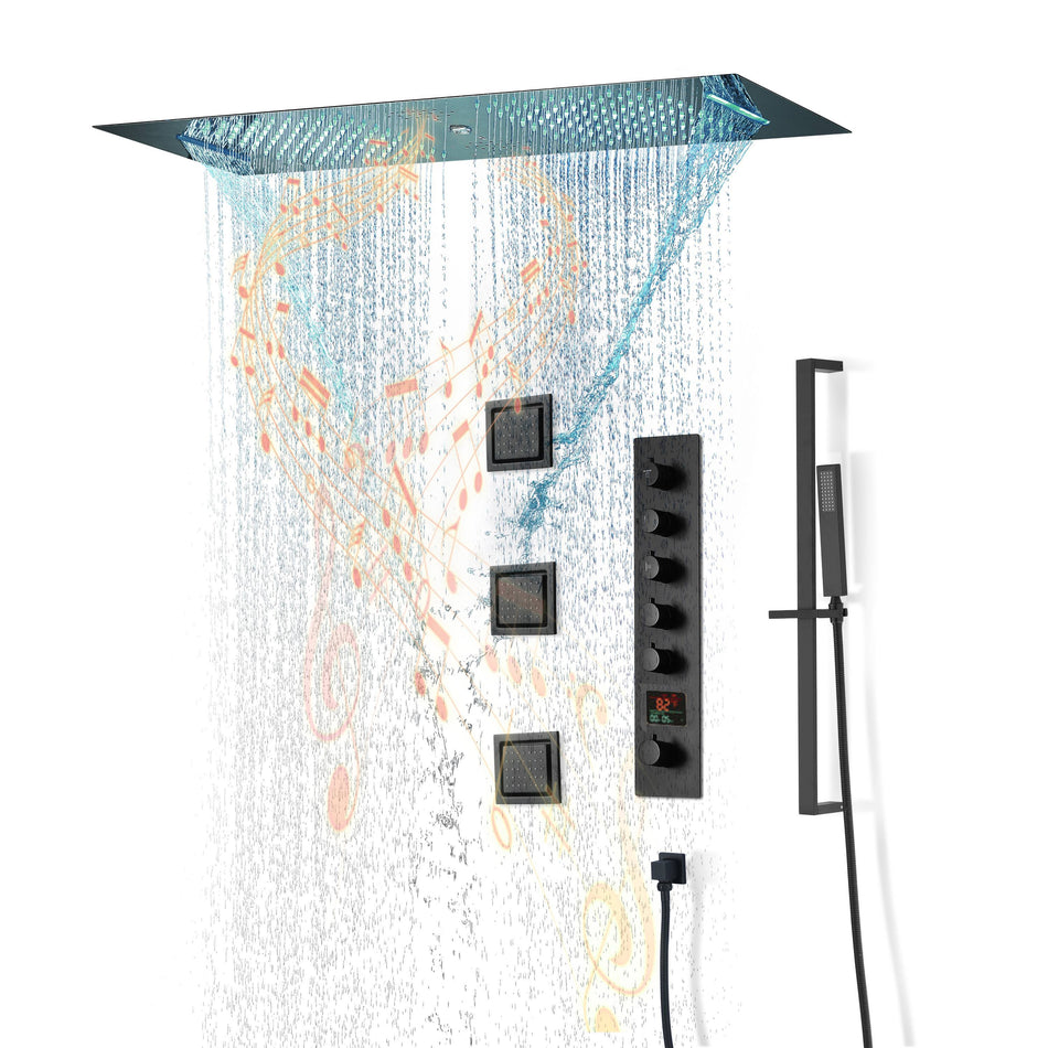 Matte Black 36 Inch  Flushed Ceiling Mount Rainfall Waterfall Water Column 64 LED Light Bluetooth Music Shower Head 5 Way Digital display Thermostatic Shower Faucet Set with Body Jets and Touch Panel