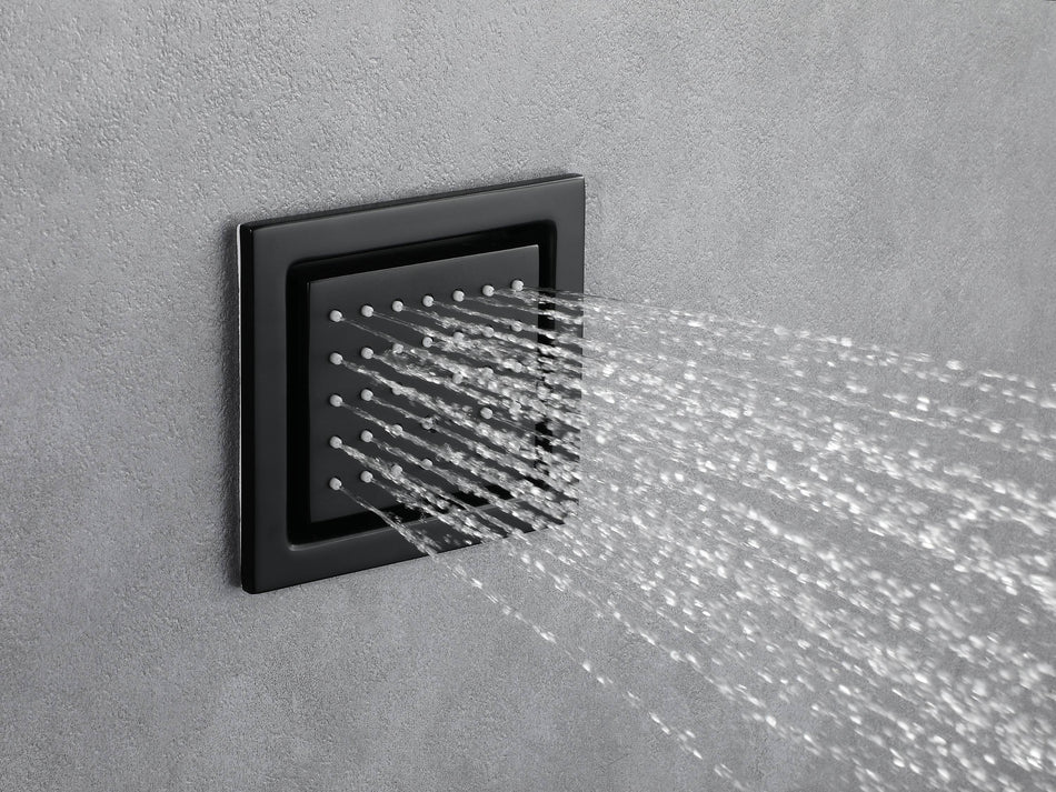 Matte Black 36 Inch  Flushed Ceiling Mount Rainfall Waterfall Water Column 64 LED Light Bluetooth Music Shower Head 5 Way Digital display Thermostatic Shower Faucet Set with Body Jets and Touch Panel