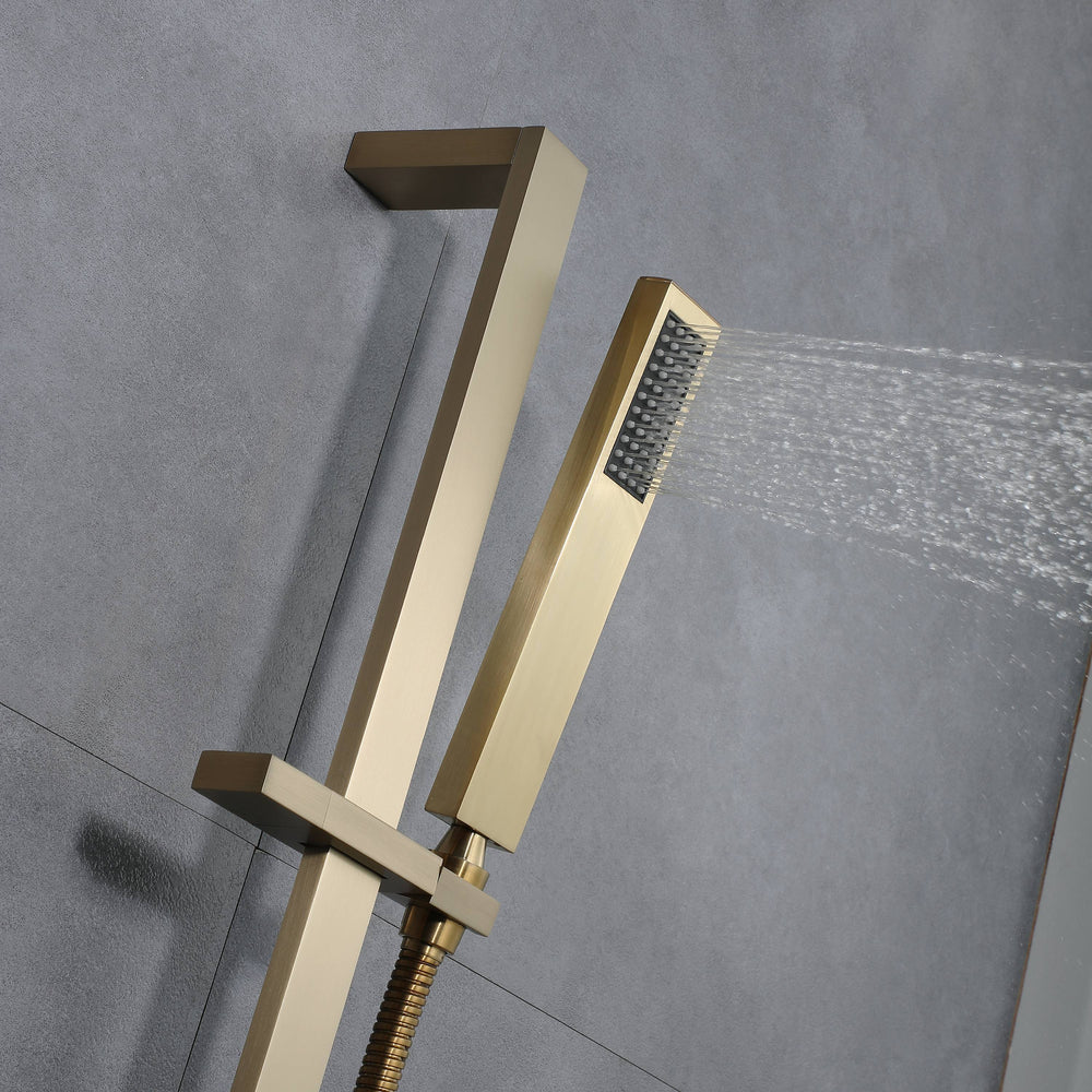 
                  
                    Brushed Gold 36 Inch  Flushed Ceiling Mount Rainfall Waterfall Water Column 64 LED Light Bluetooth Music Shower Head 5 Way Thermostatic Shower Faucet Set with Body Jets and Touch Panel
                  
                