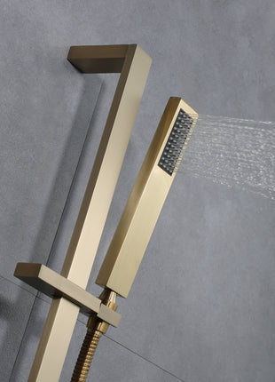 Brushed Gold 36 Inch  Flushed Ceiling Mount Rainfall Waterfall Water Column 64 LED Light Bluetooth Music Shower Head 5 Way Digital display Thermostatic Shower Faucet Set with Body Jets and Touch Panel