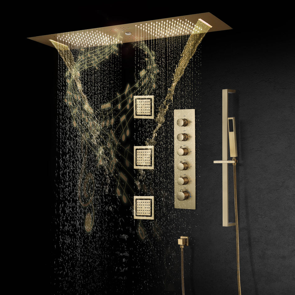 Brushed Gold 36 Inch  Flushed Ceiling Mount Rainfall Waterfall Water Column 64 LED Light Bluetooth Music Shower Head 5 Way Thermostatic Shower Faucet Set with Body Jets and Touch Panel