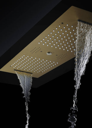 Brushed Gold 36 Inch  Flushed Ceiling Mount Rainfall Waterfall Water Column 64 LED Light Bluetooth Music Shower Head 5 Way Digital display Thermostatic Shower Faucet Set with Body Jets and Touch Panel