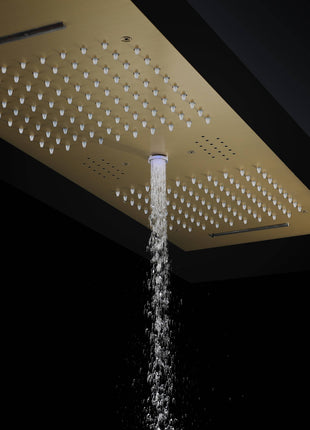 Brushed Gold 36 Inch  Flushed Ceiling Mount Rainfall Waterfall Water Column 64 LED Light Bluetooth Music Shower Head 5 Way Digital display Thermostatic Shower Faucet Set with Body Jets and Touch Panel