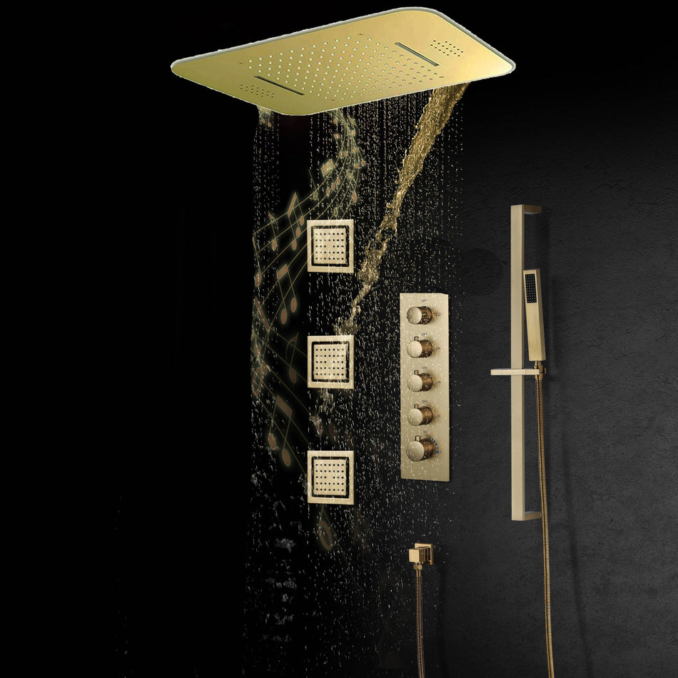 Brushed Gold 64 LED Lights bluetooth music Rainfall Waterfall 23 Inch Shower Head 4 Way Thermostatic Shower System with Body Jets and Slide Bar