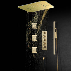 
                  
                    Brushed Gold 64 LED Lights bluetooth music Rainfall Waterfall 23 Inch Shower Head 4 Way Thermostatic Shower System with Body Jets and Slide Bar
                  
                