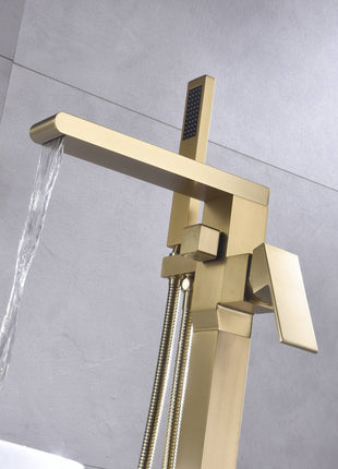 Waterfall Brushed Gold Finish Pressure Balance Single Handle Floor Mount Freestanding Tub Filler Faucet with Hand Shower