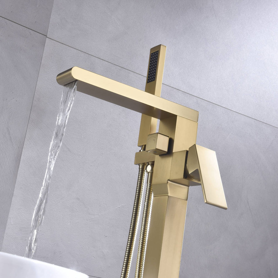 Waterfall Brushed Gold Finish Pressure Balance Single Handle Floor Mount Freestanding Tub Filler Faucet with Hand Shower